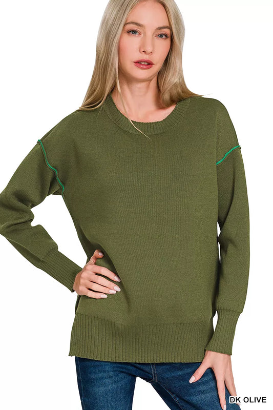 Olive green Zenana round neck sweater with contrast trim, long sleeves, and cozy knit fabric.