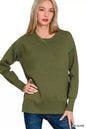 Olive green Zenana round neck sweater with contrast trim, long sleeves, and cozy knit fabric.