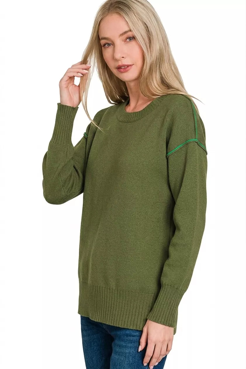 Olive green Zenana round neck sweater with contrast trim, long sleeves, and cozy knit fabric.
