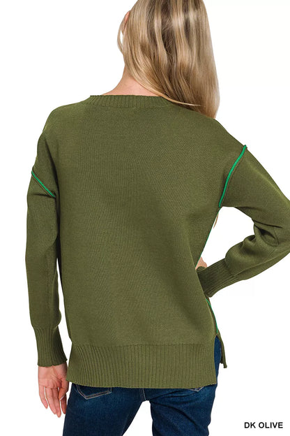 Olive green Zenana round neck sweater with contrast trim, long sleeves, and ribbed cuffs, casual knit top for women.