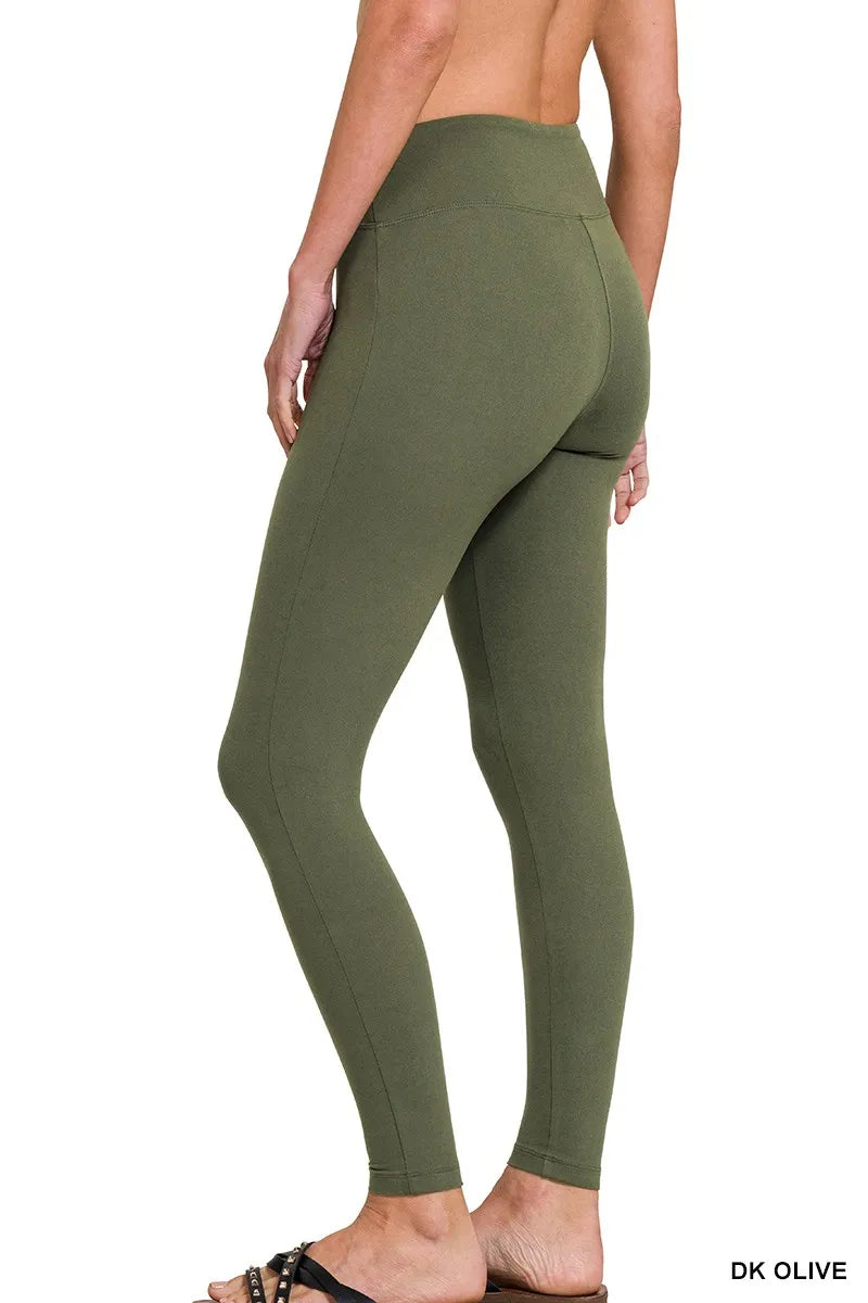 Olive green Zenana microfiber waistband leggings with a comfortable stretch fit, displayed on a plain background.