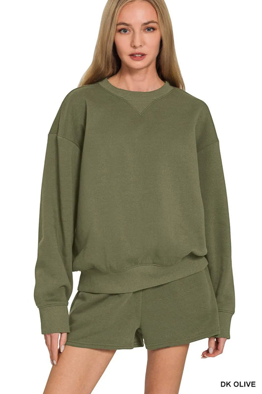 Olive green Zenana fleece long sleeve sweatshirt and shorts set, casual loungewear from Trendsi, comfortable and cozy for relaxed days.