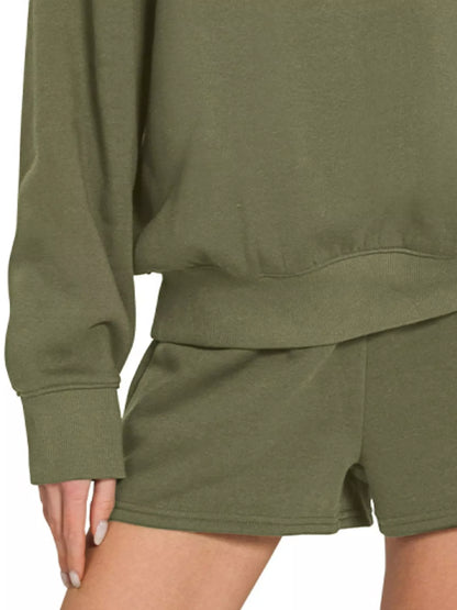 Olive green Zenana fleece long sleeve sweatshirt and shorts set with a casual, comfortable fit, perfect for lounging or casual wear.
