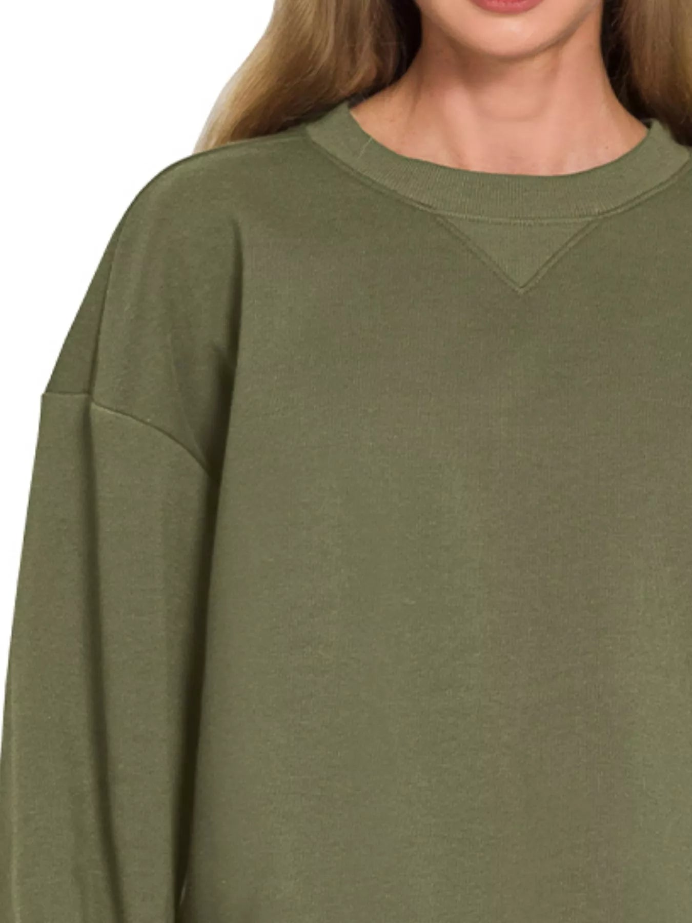 Olive green Zenana fleece long sleeve sweatshirt and shorts set, casual loungewear from Trendsi, shown on a model.