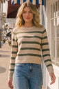 Olive green Zenana lightweight wool blend striped round neck sweater with long sleeves and ribbed cuffs.