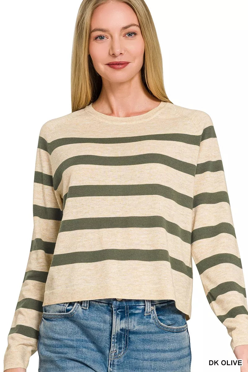 Olive green Zenana lightweight wool blend striped round neck sweater with long sleeves and ribbed cuffs, casual and cozy style.