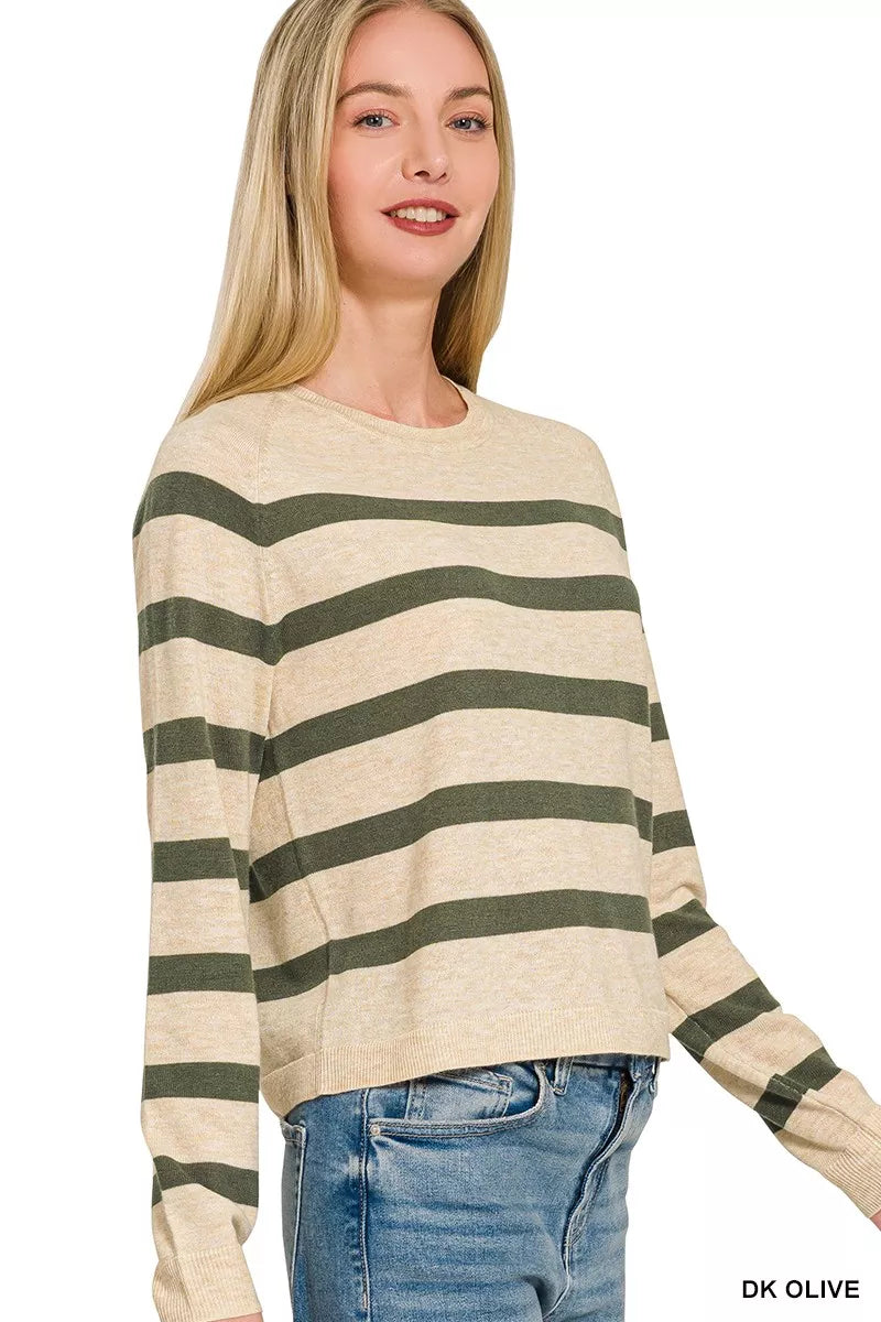 Olive green Zenana lightweight wool blend striped round neck sweater, casual and cozy women’s knit top.
