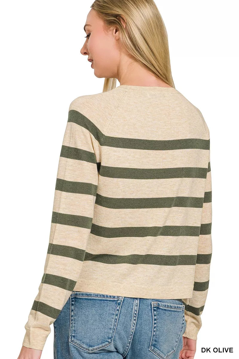 Olive green Zenana lightweight wool blend striped round neck sweater with long sleeves, casual and cozy for fall and winter.