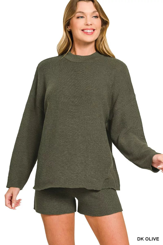 Olive green Zenana knit top and shorts sweater set featuring a round neck, cozy fabric, and casual stylish design.