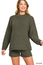 Olive green Zenana knit top and shorts sweater set featuring a round neck, cozy fabric, and casual stylish design.