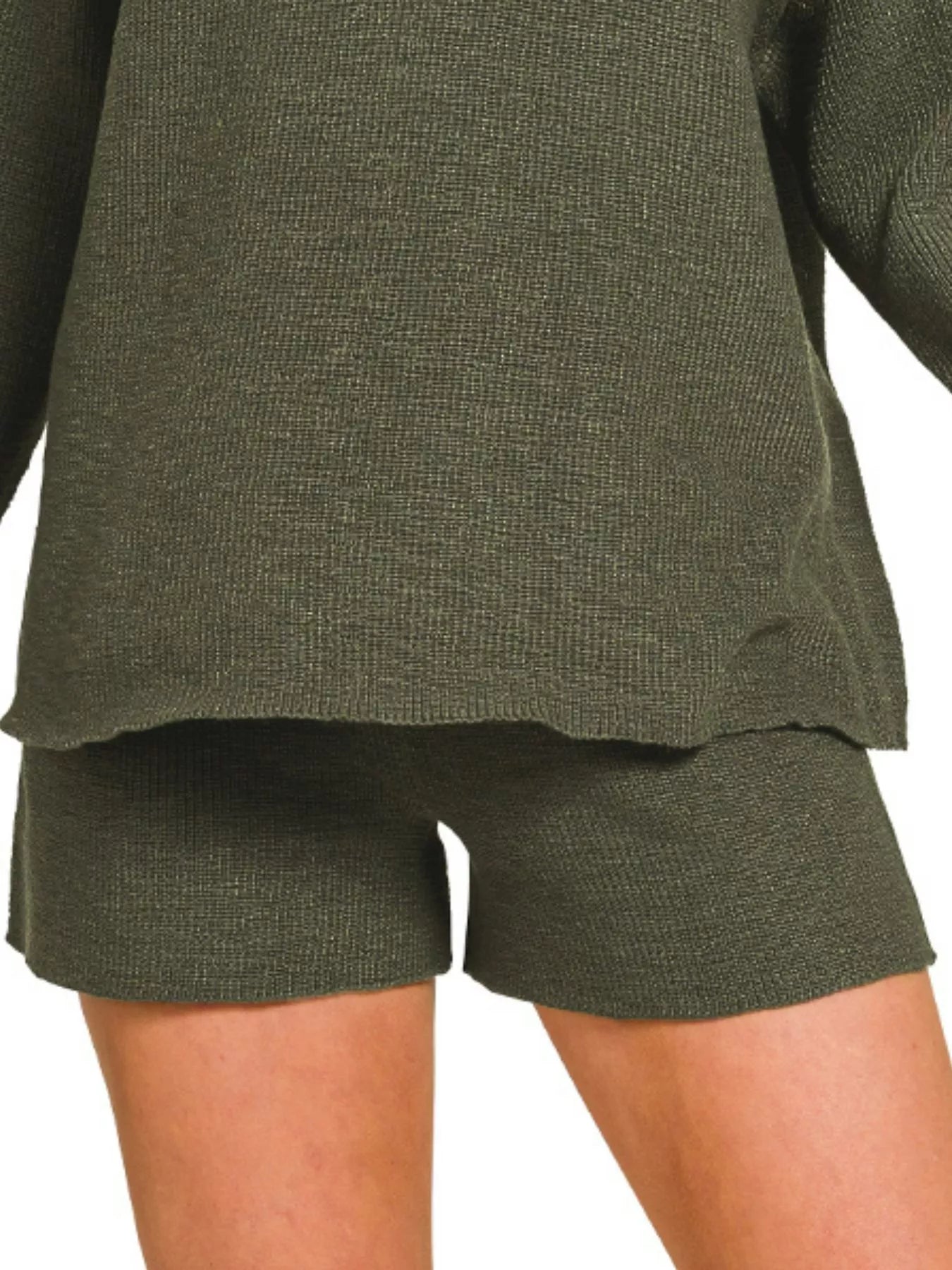 Olive green Zenana knit top and shorts sweater set with round neck, casual and comfortable loungewear by Trendsi.