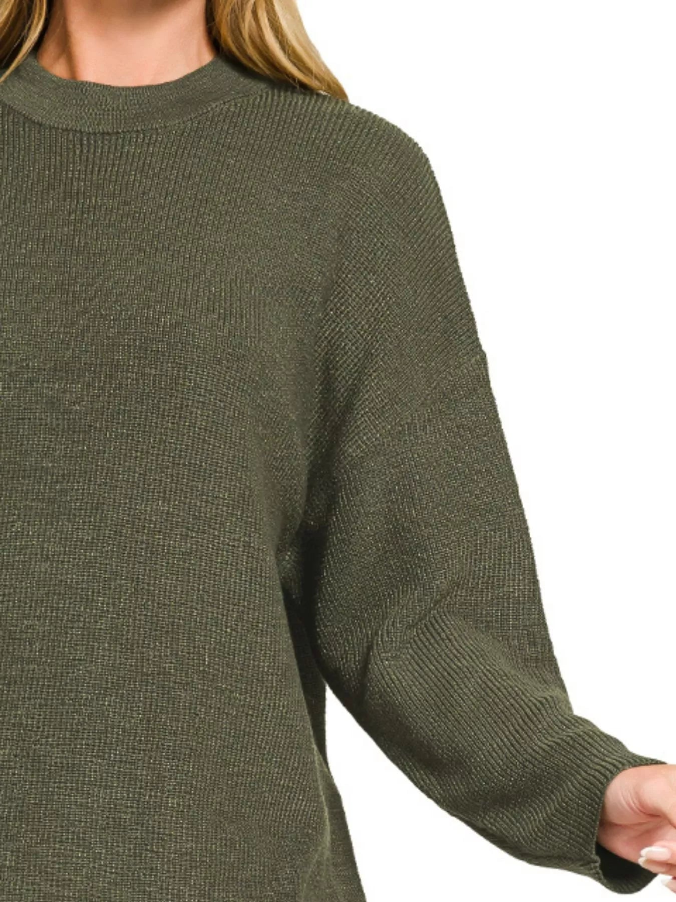 Olive green Zenana knit top and shorts sweater set with round neck, casual and comfortable for everyday wear.