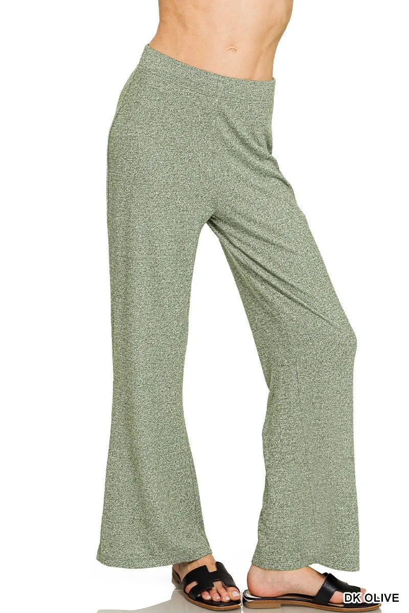 Olive green Zenana flare pants with soft elastic waistband and wide leg design, casual and comfortable women's pants.