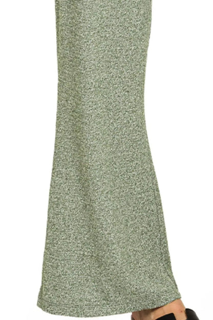 Olive green Zenana soft elastic waisted flare pants from Trendsi, featuring a relaxed fit and flowy leg design.