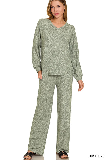 Olive green Zenana soft melange long sleeve tee and matching pants set, casual loungewear for women, trendy and comfortable.