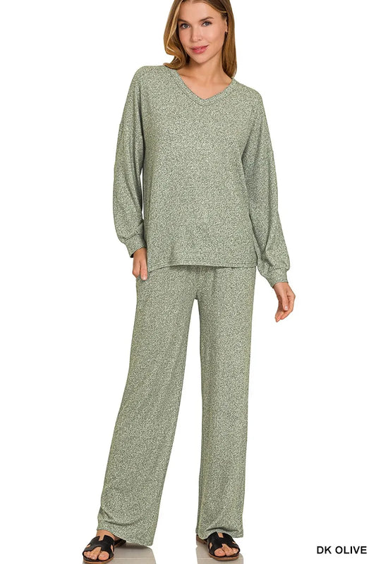 Olive green Zenana soft melange long sleeve tee and matching pants set, casual loungewear for women, trendy and comfortable.