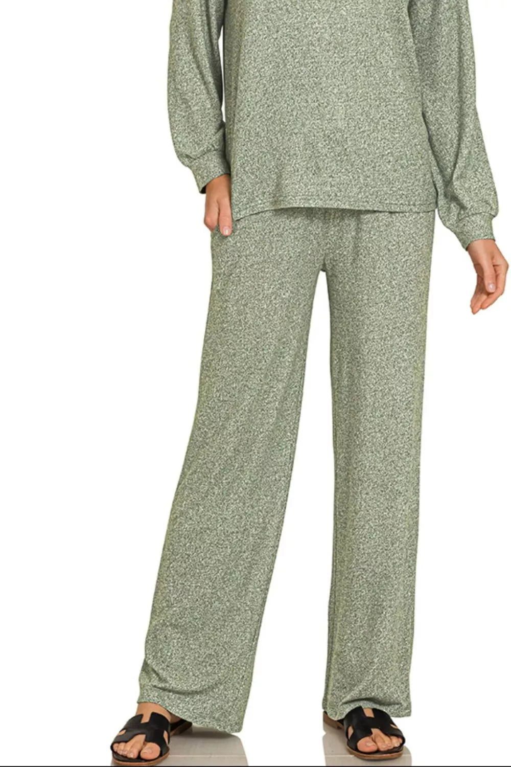 Olive green Zenana soft melange long sleeve tee and pants set featuring a relaxed fit and comfortable fabric.