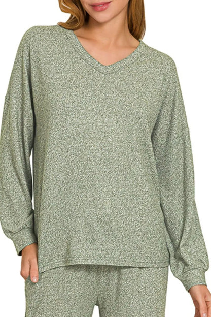Olive green Zenana soft melange long sleeve tee and matching pants set, casual loungewear for women, comfortable and stylish.