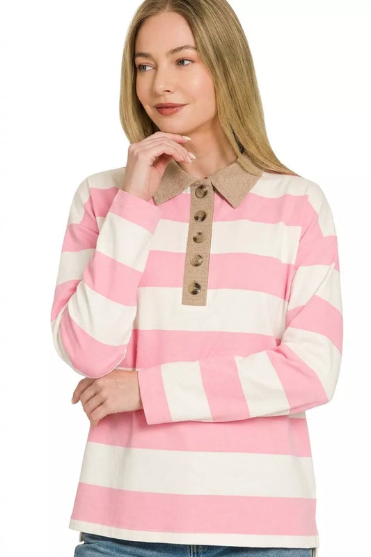Pink Zenana striped contrast collar polo top with short sleeves and button placket, stylish casual women's shirt.