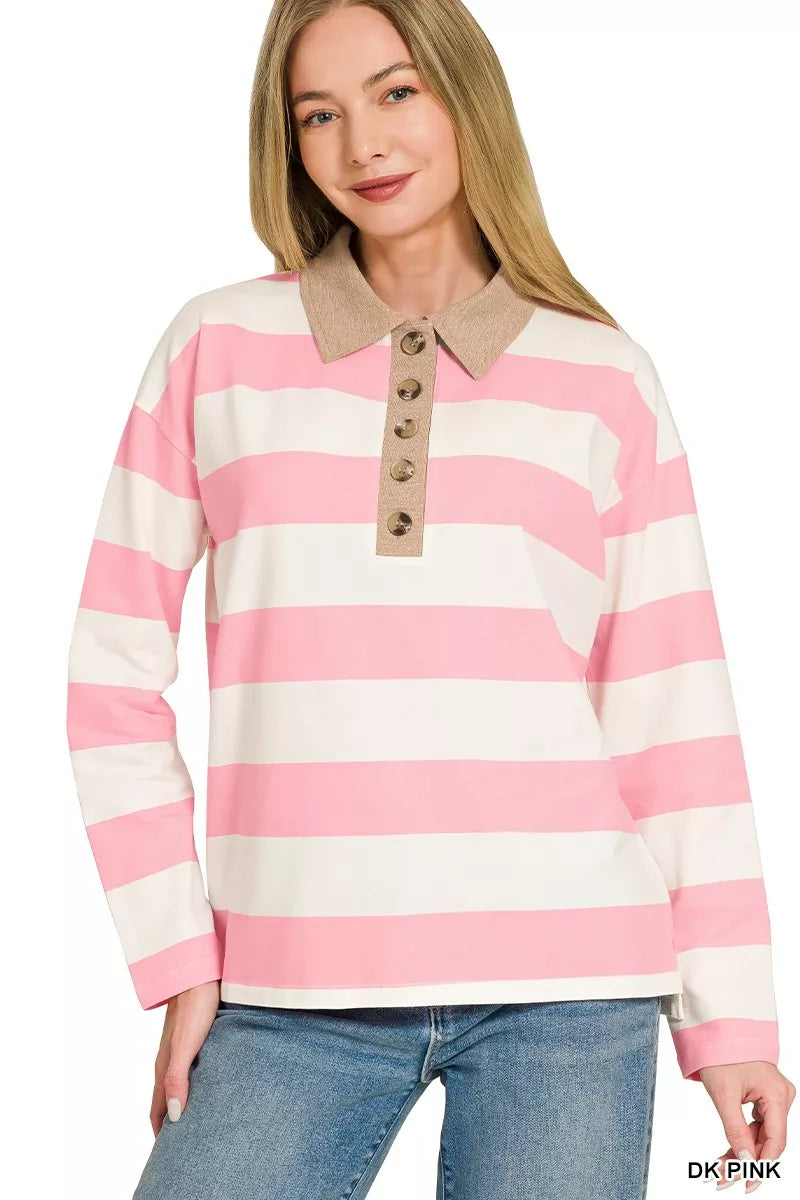 Pink Zenana striped polo top with contrast collar from Trendsi, featuring long sleeves and casual fit.