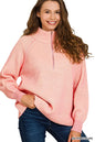 Pink and taupe Zenana ribbed half-zip sweater with two-tone design, featuring a cozy fit and stylish collar.