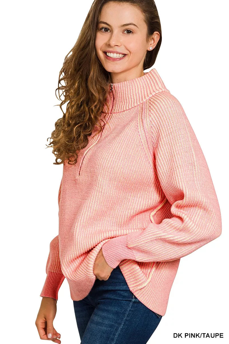 Pink and taupe Zenana Ribbed Two Tone Half Zip Sweater featuring a cozy fit and stylish design, displayed on a hanger.