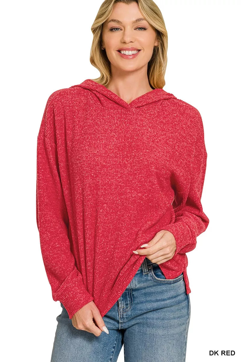 Red Zenana brushed ribbed Hacci hoodie pullover with a cozy, textured fabric and relaxed fit, perfect for casual wear.