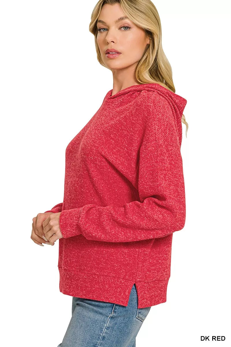 Red Zenana brushed ribbed Hacci hoodie pullover with a cozy, textured fabric and relaxed fit.