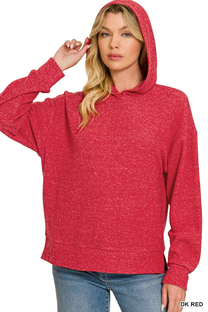 Red Zenana Brushed Ribbed Hacci Hoodie Pullover with a cozy, textured fabric and relaxed fit, perfect for casual wear.