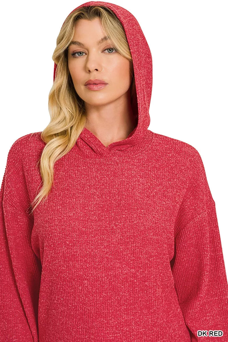 Red Zenana brushed ribbed Hacci hoodie pullover with a relaxed fit and cozy texture, ideal for casual wear.