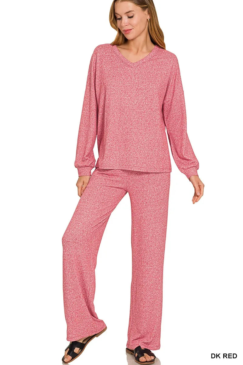 Trendsi Zenana soft melange long sleeve tee and pants set in dark red, cozy casual loungewear for women.