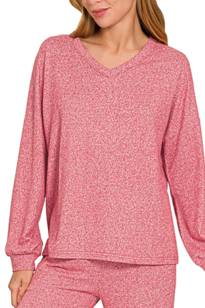 Trendsi Zenana soft melange long sleeve tee and matching pants set in deep red, casual loungewear with a relaxed fit.