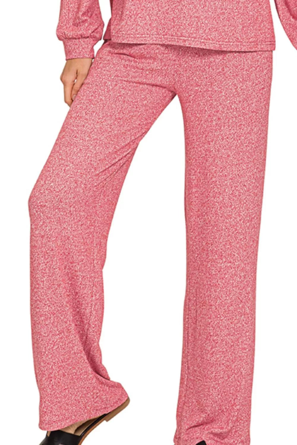 Red Zenana soft melange long sleeve tee and pants set, comfortable casual loungewear from Trendsi.