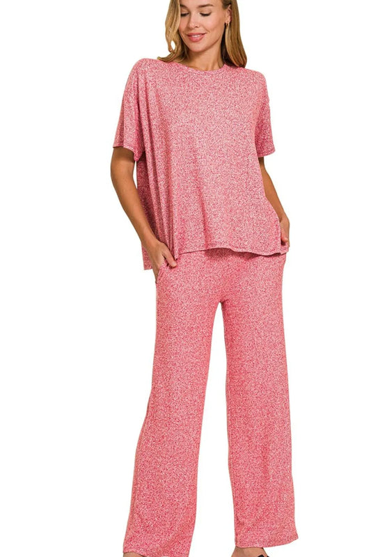 Trendsi Zenana soft melange short sleeve tee and long pants set in deep red, comfortable casual loungewear for women.