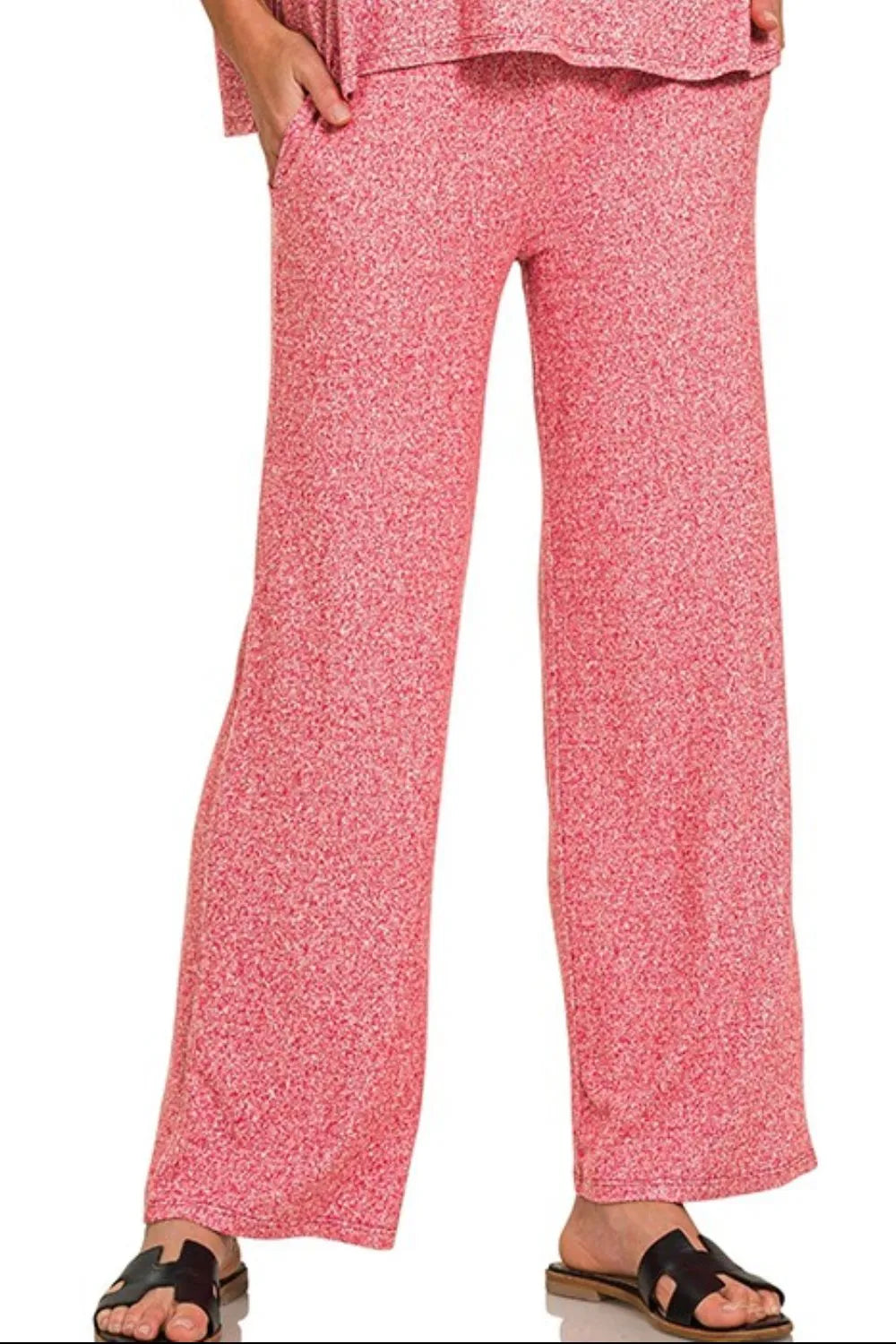 Zenana soft melange short sleeve tee and long pants set, casual loungewear in red, stylish and comfortable for everyday wear.