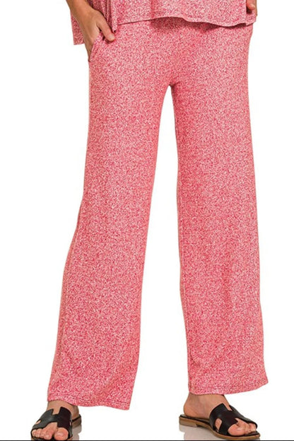 Zenana soft melange short sleeve tee and long pants set, casual loungewear in red, stylish and comfortable for everyday wear.