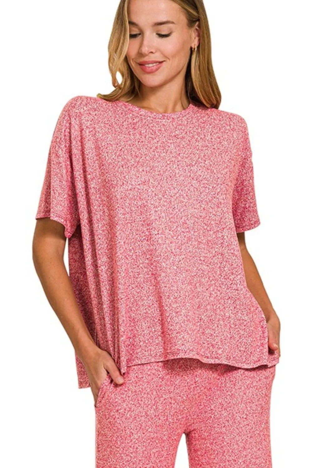 Red Zenana soft melange short sleeve tee and long pants set from Trendsi, casual loungewear with comfortable fit.