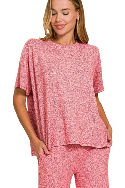 Red Zenana soft melange short sleeve tee and long pants set from Trendsi, casual loungewear with comfortable fit.