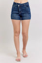 Plus size Judy Blue high waist denim shorts with criss-cross waistband and full size fit, featuring classic blue denim fabric.