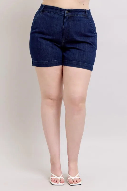 Plus size Judy Blue high waist denim shorts featuring a classic blue wash and stylish fit, perfect for casual summer wear.