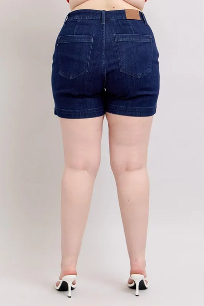 Plus size Judy Blue high waist denim shorts with a trendy fit, designed for comfort and style in a full-size fit.