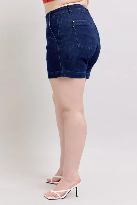 Plus size Judy Blue high waist denim shorts with a classic blue wash and relaxed fit, perfect for casual summer wear.