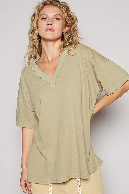 Dried moss green POL V-neck half-sleeve T-shirt from Trendsi, soft fabric, casual style, and comfortable fit.