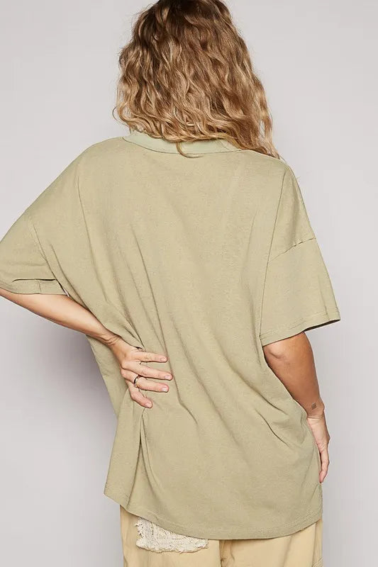 Dried moss green POL V-Neck Half Sleeve T-Shirt from Trendsi, showcasing a casual fit and soft fabric.
