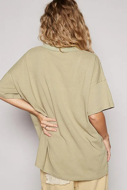Dried moss green POL V-Neck Half Sleeve T-Shirt from Trendsi, showcasing a casual fit and soft fabric.