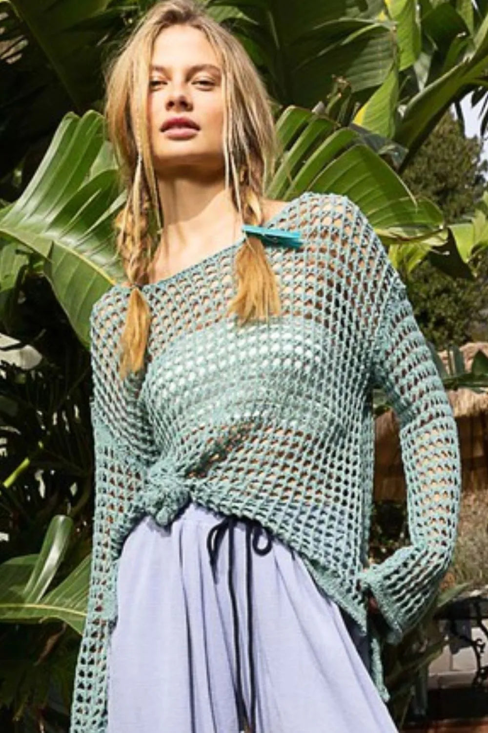 Dusky teal POL long sleeve knit cover up with side slits and openwork design, perfect for layering and beachwear.