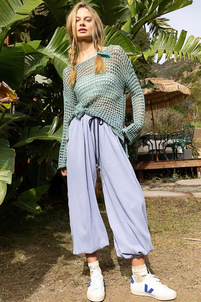 Dusky teal POL long sleeve knit cover-up with side slits and openwork design, stylish and lightweight for layering.