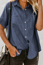 Dusty blue denim shirt by Trendsi with front pockets, button-up style, short sleeves, casual and stylish for everyday wear.