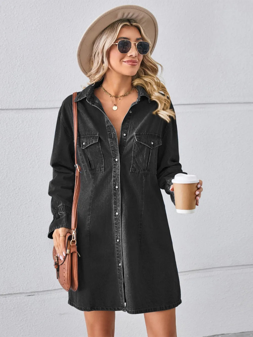 Dusty blue pocketed dropped shoulder mini denim dress by Trendsi, featuring a relaxed fit and casual style.