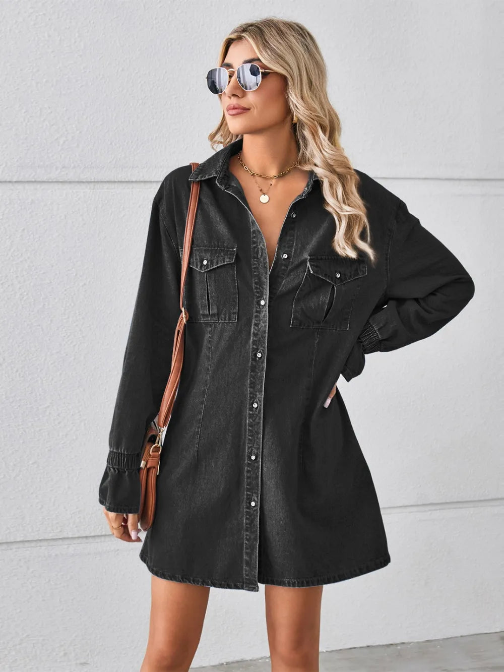 Dusty blue pocketed dropped shoulder mini denim dress by Trendsi, featuring a casual fit and stylish design.